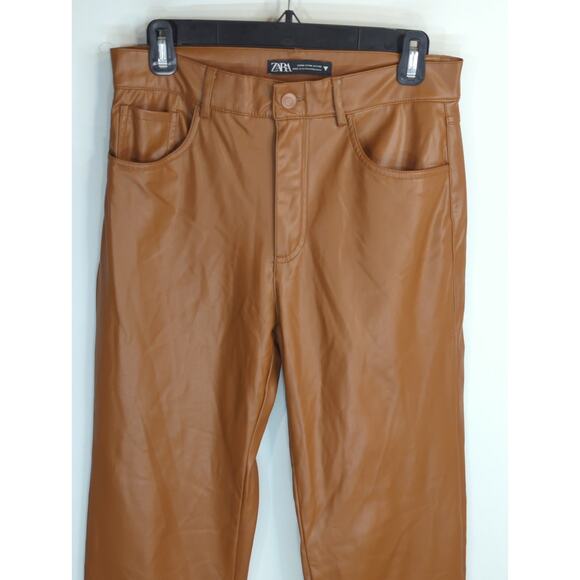 Zara Dark Camel‎ Mom Fit Pants Women's Medium Brown Faux Leather High Waist - Picture 4 of 13